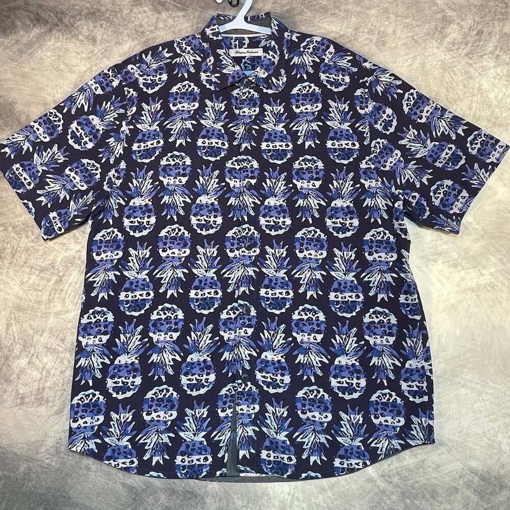 Tommy Bahama Pineapple Party Island Navy Blue Silk Short Sleeve Men's Shirt M